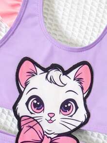 SHEIN GraphicGems Infant/Baby GirlSwimsuit, Cute Cat Applique Print Ruffle One-Piece Swimwear, Suitable For Summer Vacation, Beach, Swimming Pool - Purple - View 3