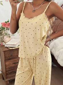 CottageSlumber Women's Sleepwear Set,Yellow Heart Print Knitted Ribbed Contrast Lace Camisole And Long Pants, Cute Chic Summer Sleep Stylish Sweet Pajamas Set - Apricot - View 4
