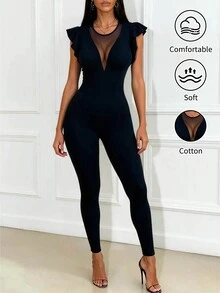 SHEIN Bộ áo liền quần cotton mùa hè cho nữ, kiểu dáng thường ngày, cổ tròn, viền ren, màu đen, quần dài thể thao năng động màu đen. - màu đen - Xem 1