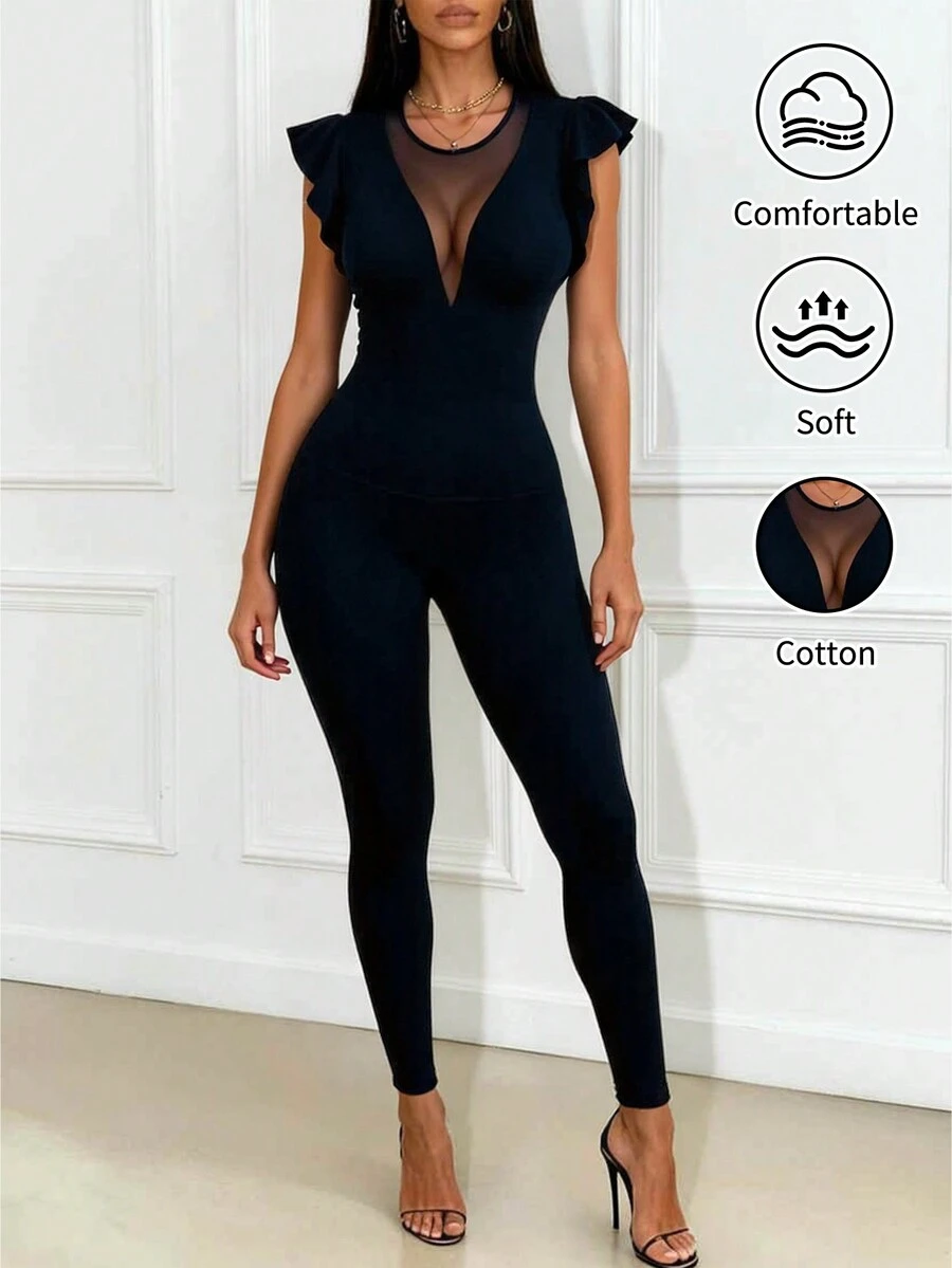 SHEIN Bộ áo liền quần cotton mùa hè cho nữ, kiểu dáng thường ngày, cổ tròn, viền ren, màu đen, quần dài thể thao năng động màu đen. - màu đen - Xem 1