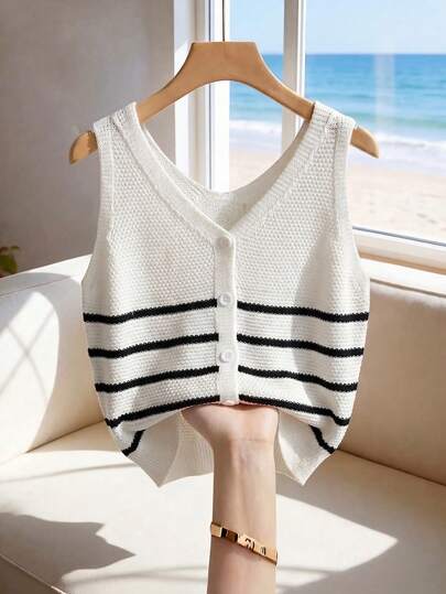 SHEIN Franclia Women's New Spring/Summer French-Style Casual Knit Striped Vest, Single-Breasted Button, Hollow Knit Texture Vest, Soft Atmosphere, Commute/Workwear