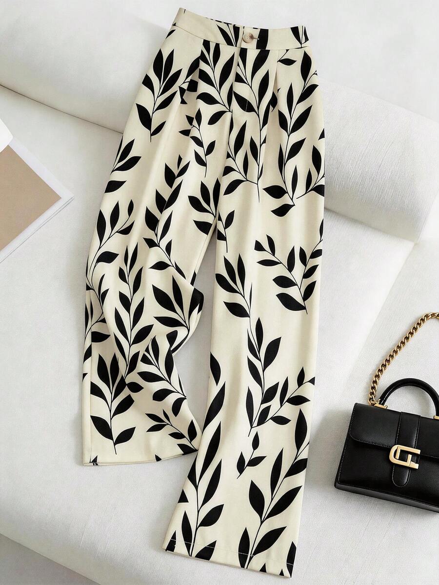 SHEIN Franclia Quần nữ kiểu Pháp tối giản, họa tiết lá cây, cạp chun, thích hợp cho đi làm và mặc hàng ngày. - Nhiều màu - Xem 1
