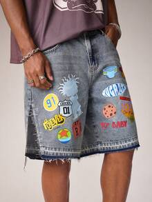 Nick 90s | SHEIN Men's Cartoon & Letter Print Slant Pocket Loose Denim Shorts - Light Wash - View 5