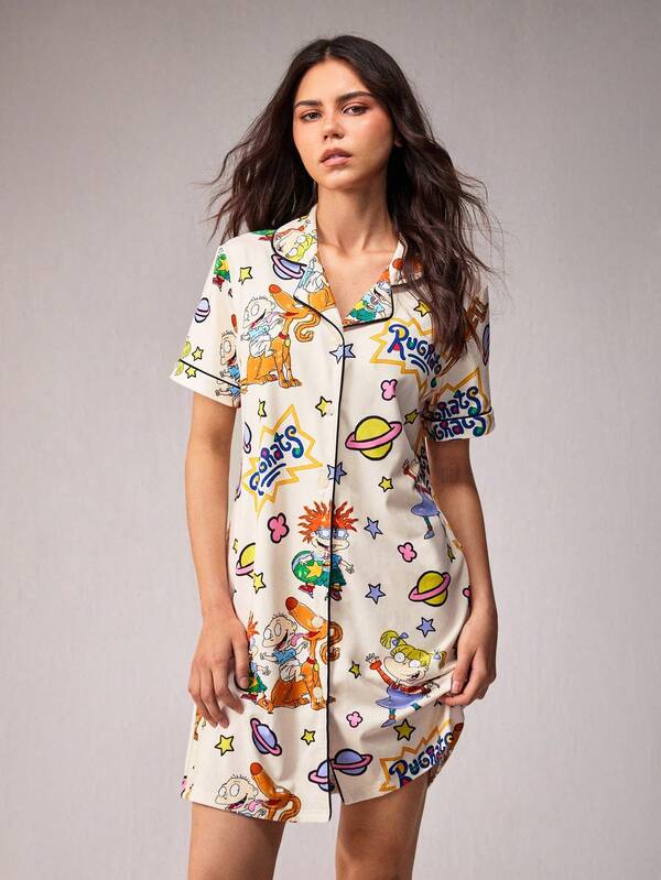 Nick 90s | SHEIN Camicia da notte casual monopetto con stampa a cartoni animati, adatta per uso quotidiano da donna