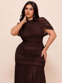 SHEIN BAE Plus Size Women's Green Extra Long Wrap Style Dress, Vacation Dress - Coffee Brown - View 5