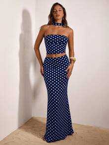 Opulessa Bộ đồ 2 món Vacation Knit họa tiết chấm bi cổ điển gồm áo tank top ngắn ôm dáng và chân váy đuôi cá cạp thấp dành cho nữ. - Màu xanh hải quân - Xem 4