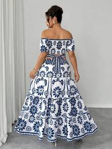 Elenzga Plus Size Two-Tone Print Off-Shoulder Waist Hollow Back Bow Decor Flared Maxi Dress, Elegant Boho For Outing, Date Beach Vacation, Party, White Summer - Blue and White - View 2