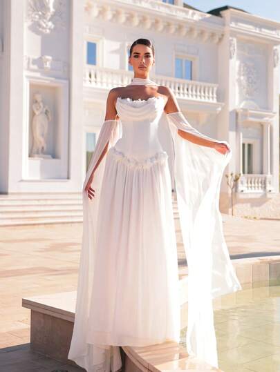 Glamrae Elegant Minimalist Off-Shoulder Cream Satin Mermaid 3D Floral Ruched Design Splice Romantic Big A-Line Hem With Flared Sleeves, Suitable For Various Types And Needs Of Women's Wedding Dresses, Formal Gowns