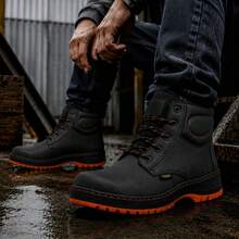 Genuine Leather Pleg Working Boot With Steel Helmet - Negro con Naranja - View 8