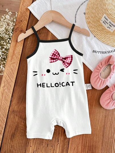 [RANDOM 8 PCS SEND 1 Pc] Baby Girls Cute White Summer Casual Strap Romper,Leopard Bow Graphic,Kitten,Ice Cream,Korean Style,Kawaii,Family Matching