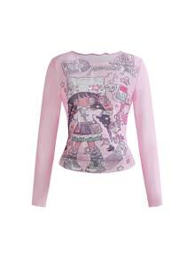 ROMWE Spring/Summer Retro Y2K Gyaru Cute Anime Print Pink Semi-Transparent Mesh Women's Top - Pink - View 1