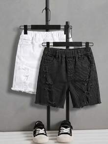 SHEIN 2Pcs Tween Boy Fashion Casual Y2k Vintage Cool Street Basic Simple Street Style White And Black Ripped Denim Shorts 2-Pieces Set For Kids Clothes Daily-Wear And Kids Spring To Summer Rave Festival And Streetwear Clothes - Multicolor - View 3