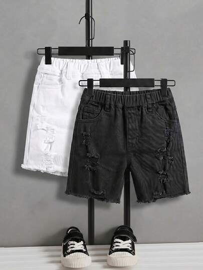 SHEIN Bộ 2 món quần jean ngắn rách màu trắng và đen thời trang cho bé trai tuổi teen, phong cách Y2K cổ điển, cá tính, cơ bản, đơn giản, thích hợp mặc hàng ngày hoặc dự tiệc mùa xuân hè, lễ hội và các hoạt động đường phố.