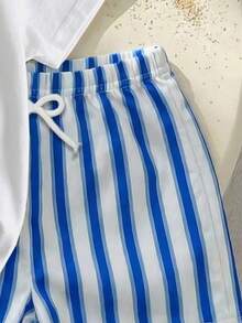 SHEIN Playful Pals 小男孩白色夏季海灘度假T恤套裝，海洋動物與字母印花上衣搭配對比條紋短褲，休閒抽繩腰圍套裝 - 彩色 - 查看 5