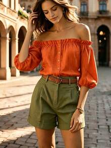 Balvessa New Arrival French Style Off-Shoulder Petal Sleeve Top - Orange - View 6