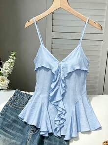 Modelyn Ruffled Light Blue Camisole Shirt, Spring/Summer Vacation Elegant - Blue - View 8