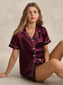 EverLounge Conjunto de pijama cómodo con ribete de bloques de color, ropa de otoño e invierno - Burdeos - Ver 5