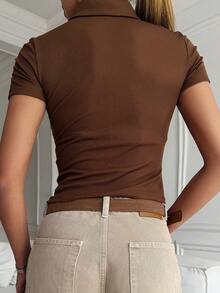 DAZY Women's Solid Color Collared Zipper Short Sleeve Outdoor Fitness T-Shirt Beach Work Hiking Coffee Brown Summer Casual Modest Cute - Coffee Brown - View 2