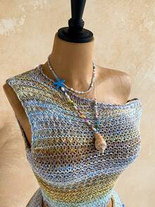 Soleia Women's Vacation Solid Color Asymmetric Neck Knit Top And Fringe Design Knit Shorts 2 Pieces Set - Multicolor - View 6