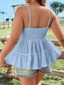 Flirla Plus Size V-Neck Spaghetti Strap Lace Patchwork Summer Camisole - Baby Blue - View 2