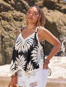 Travachic Top Casual Versátil de Uso Diário com Estampa de Folhas para Mulheres Plus Size - Preto e Branco - Visão 7