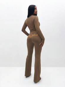 BABYPHAT Long Sleeve Zip-Up Top With Script Logo And Cat Icon Front Print - Chocolate Brown - View 7