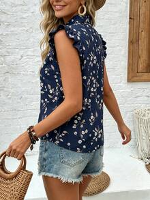 EMERY ROSE Women's Summer Casual Boho Vacation Floral Print Ruffle Trim Blouse Vacation Navy Blue Floral - Royal Blue - View 2