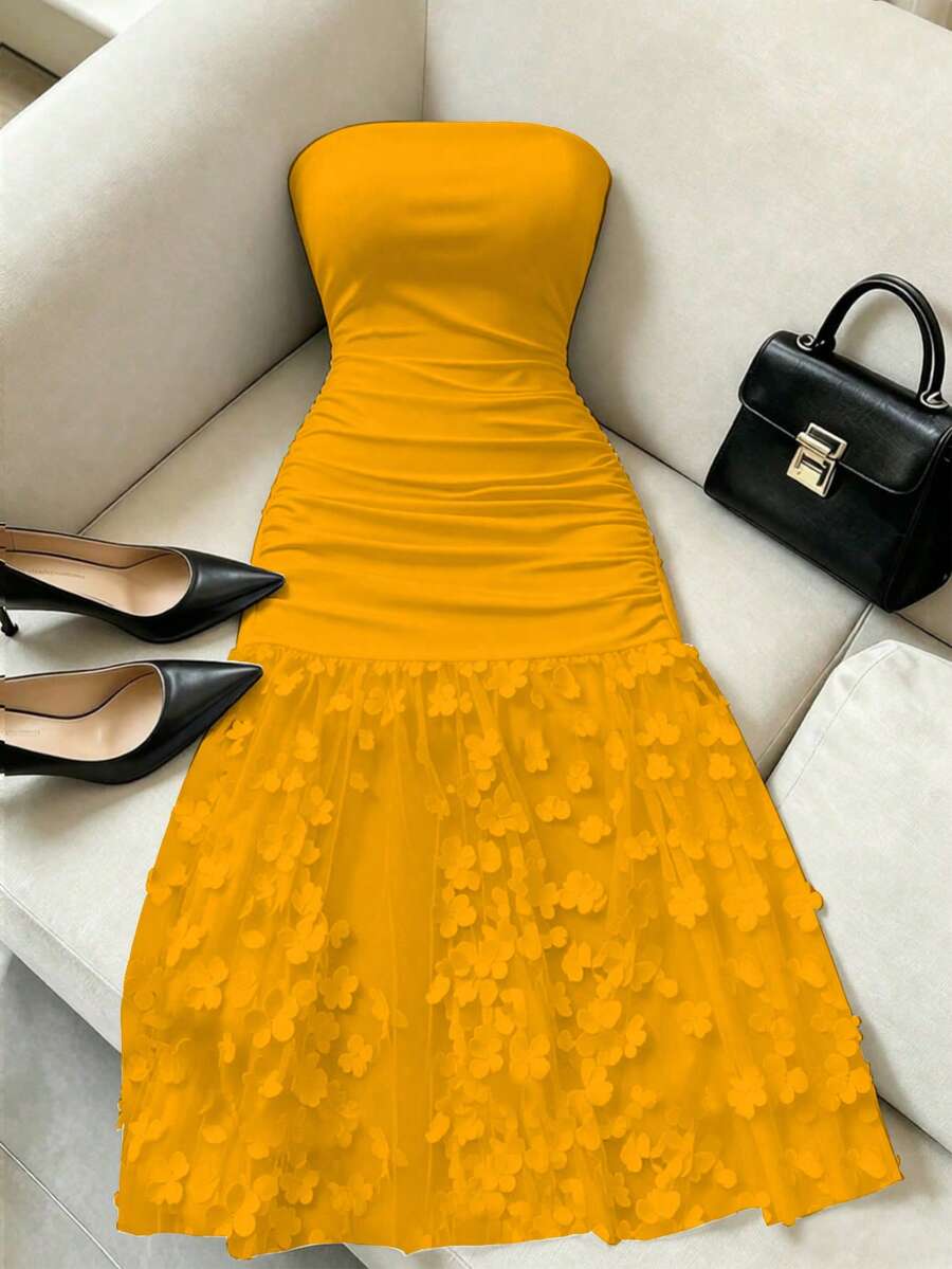 SHEIN Franclia 优雅奢华花卉撞色网纱褶皱腰身修身无肩带纯色性感晚礼服,女士 - 黃色 - 查看 1