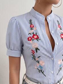 SHEIN Raffinéa 女士蓝白条纹梭织时尚刺绣短袖衬衫 - 藍色 - 查看 3