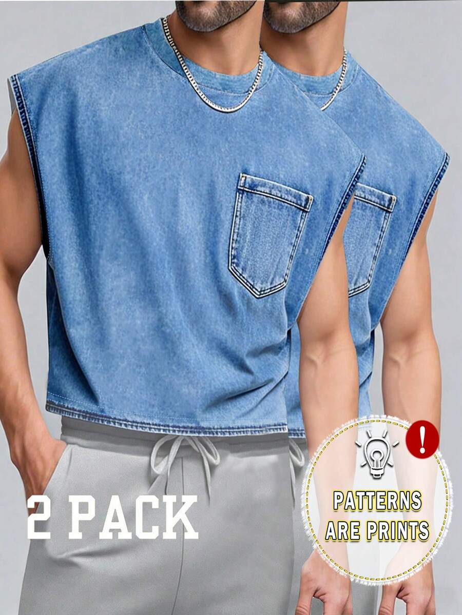 Manfinity Dauomo 2pcs/Set Men's Summer Sleeveless Shirt, Faux Denim Print Pattern Design, Stylish, Suitable For Daily Wear, Outdoor, Sports - Multicolor - View 1