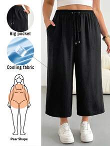 SHEIN Essnce Quần ống rộng (dài 7/8) thời trang xuân/hè cho nữ, kiểu dáng cơ bản, thoải mái, thoáng mát, đa năng, tôn dáng, màu đen, cạp chun, túi lớn, kiểu đơn giản, quần nữ, quần công sở, quần hè kiểu châu Âu. - màu đen - Xem 3
