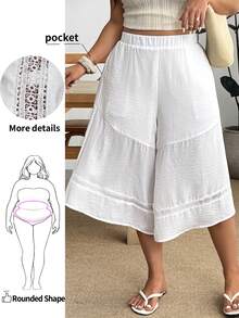 Enliva Plus Size Women White Capri Pants, Casual Vacation White Trousers Wide Leg Pants Crocheted Trim Pants, For Apple And Rounded Body Shape - White - View 1