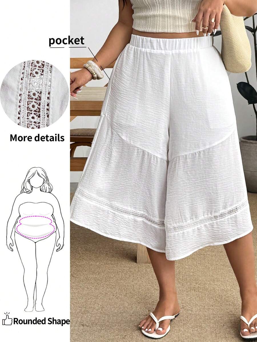 Enliva Plus Size Women White Capri Pants, Casual Vacation White Trousers Wide Leg Pants Crocheted Trim Pants, For Apple And Rounded Body Shape - White - View 1