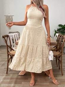 SHEIN Clasi Plus Size Women Solid Color Backless Halter Dress For Vacation - Apricot - View 5