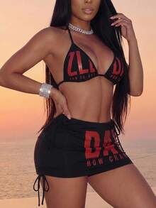 Slaydiva 女士假日沙滩字母印花泳装套装 - 黑色 - 查看 1