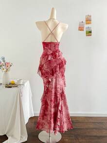 SHEIN Tall CURVE CURVE Plus Size Women's Pink Floral Dress Summer Elegant Wedding Cocktail Guest Vacation Tea Party Long Ruffle Trim Backless High-Waisted Outfits - Pink - View 5