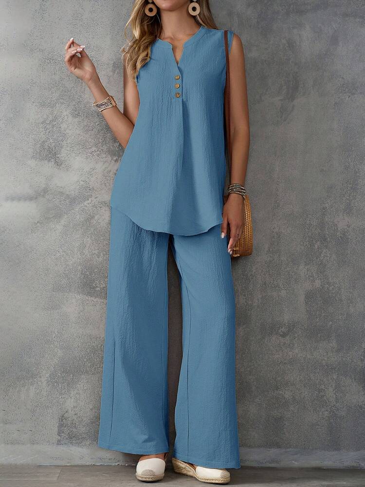 Faunlyn Textured Fabric Sleeveless Top And Wide Leg Pants 2 Pieces Set For Women - Blue - View 5
