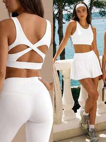 Fluxe Áo ngực thể thao nữ màu trơn, thiết kế dây chéo phía sau, thích hợp mặc hàng ngày. - trắng - Xem 1