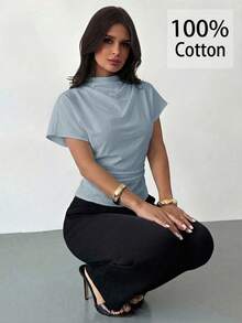 Firerie Áo kiểu nữ màu mơ, chất liệu sợi tre, vải lanh, phù hợp cho mọi mùa, cổ nhăn, tay áo bất đối xứng, xếp ly bên hông và thắt eo. - Màu xanh nhạt - Xem 5