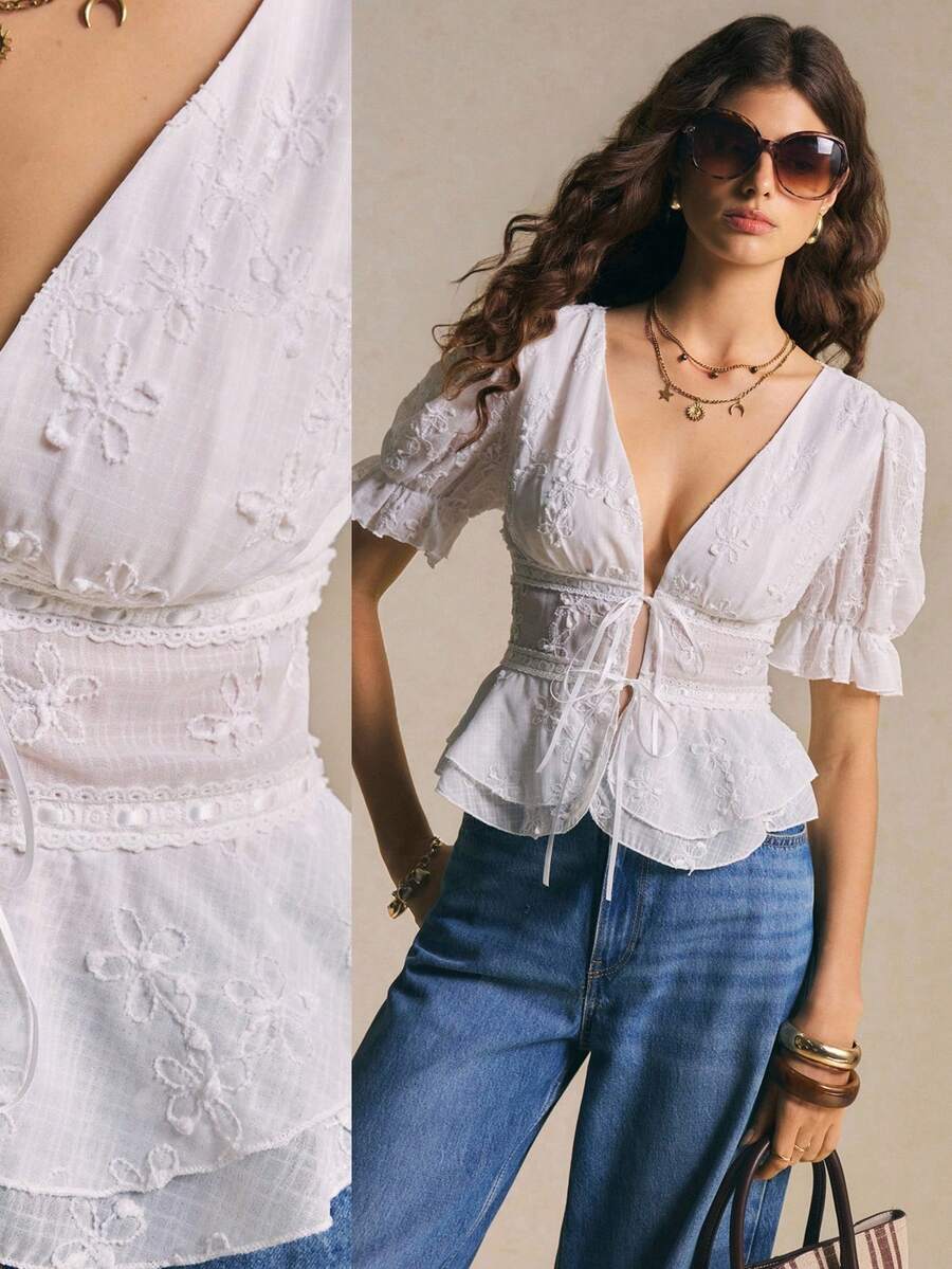 Poéselle Áo kiểu nữ màu trơn cổ chữ V sâu, tay ngắn, thắt nút phía trước, thanh lịch, thích hợp cho mùa hè. - trắng - Xem 1