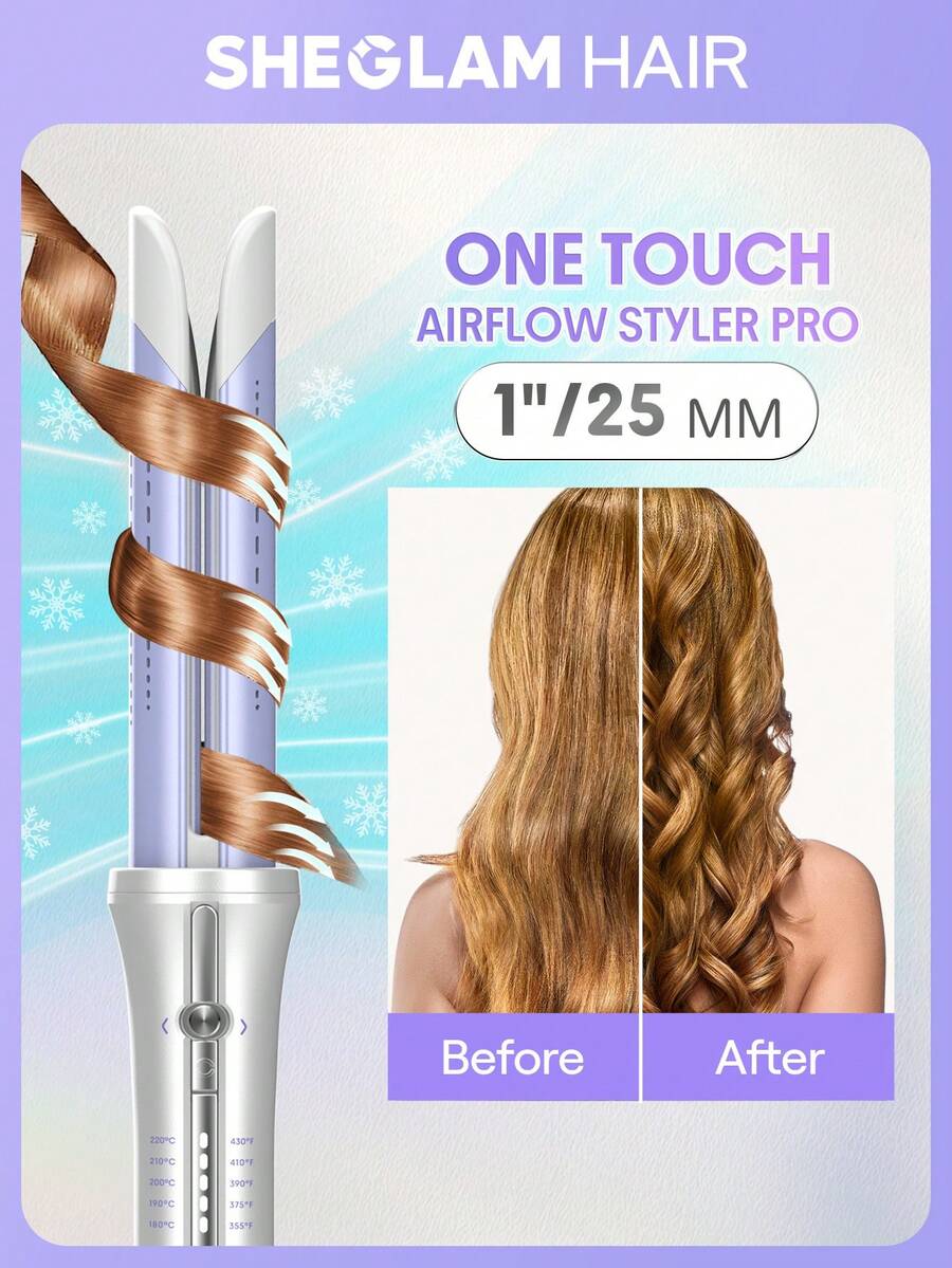 SHEGLAM HAIR Máy uốn tóc One Touch Airflow Styler Pro-25mm màu bạc tím, máy uốn tóc tự xoay bằng khí lạnh, tạo kiểu nhanh trong 5 phút, luồng khí lạnh 360°, thao tác một chạm, kết quả lâu dài, 5 mức nhiệt độ và chống bỏng, tự động tắt, điện áp kép, phù hợp cho tóc dài vừa và tóc dài, mọi loại tóc - Phích cắm US Sinh nhật Quà Ngày lễ Hồng Rung cảm Trang điểm Bãi biển Trường học Lễ hội Hoa hồng Con gái Chăm sóc tóc Y2K Ngày của Mẹ Vật dụng cần thiết khi đi du lịch Kì nghỉ Mùa hè Những vật dụng cần thiết khi đi du thuyền - Bạc - Xem 1