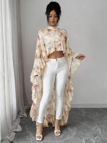 Elenzga Latest Spring/Summer Fashion Floral Chiffon Ruffled Collar Shawl Elegant Blouse For Women - Multicolor - View 6