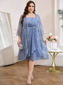 Reflora Conjunto elegante de bata y vestido de malla bordada para mujer de talla grande - Azul - Ver 9
