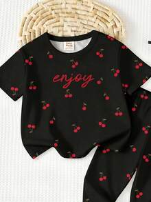 Baby Girl Cute Black And Red Cherry Letter Pattern T-Shirt & Leggings Set,Autumn Family Matching Casual Round Neck Long Sleeve Outfit For Vacation - White - View 7
