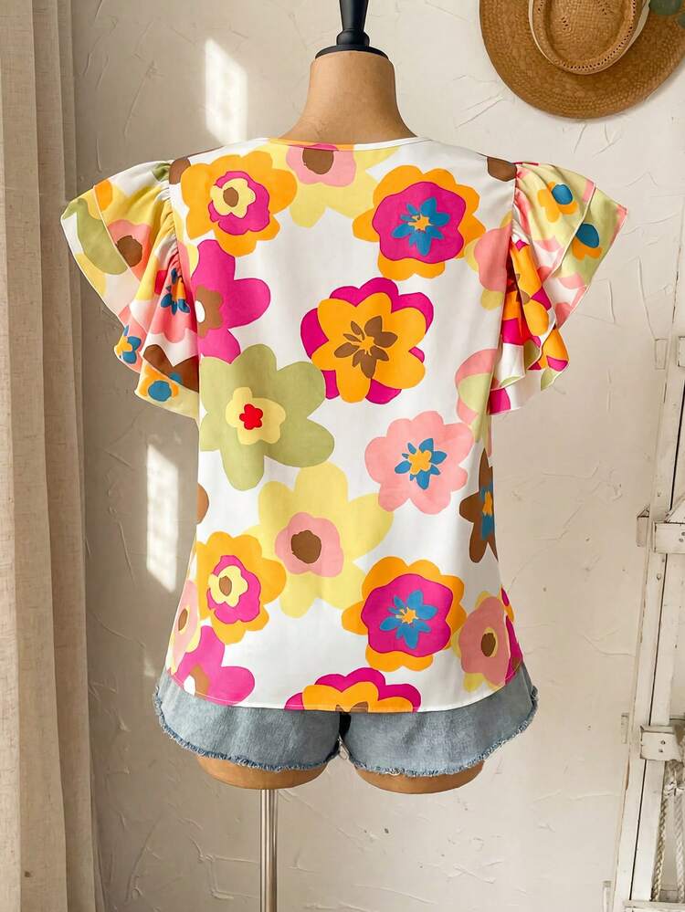 Plus Size Women Floral Print Casual Versatile Daily Wear Shirt Summer Summer Outfit For Women Festival Outfits For Women Beach Outfits For Women Vacation Outfits Women Holiday Outfits  For Women Country Concert Outfit  Floral Blouse Summer Tops Casual Blouse For Women
