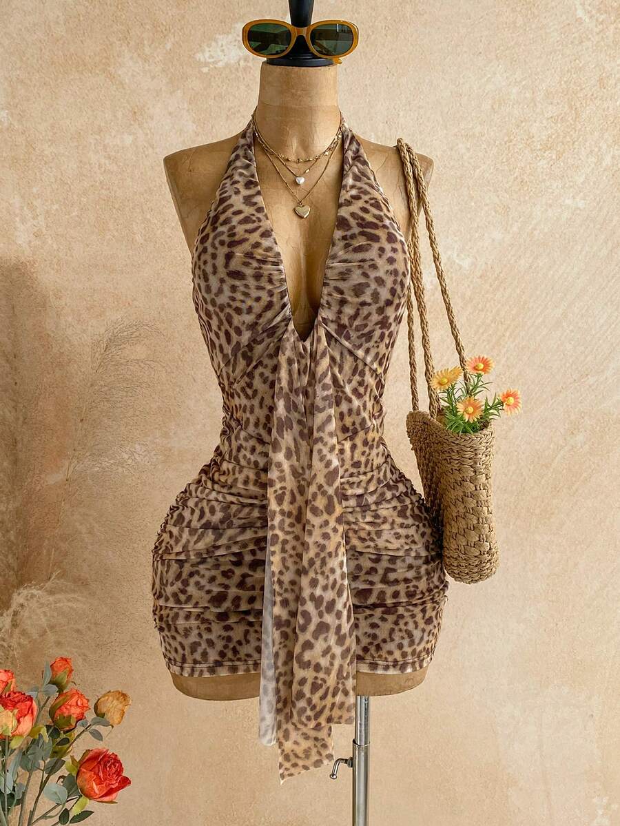 Soleia Đầm nữ họa tiết da báo cổ yếm ôm sát gợi cảm không tay, thích hợp cho kỳ nghỉ xuân/hè. - Nhiều màu - Xem 1