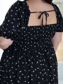 Pretty and Ole Plus Size Ditsy Floral Lantern Sleeve Ruffled A-Line Dress For Women Elegant Summer - Black - View 3