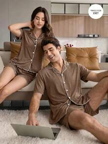 CoupledUp Men's Brown Notched Collar Open Front Striped Trim Soft Draping Knit Fabric Short Sleeve Shorts Set, Casual Loungewear For Spring, Summer & Autumn - Brown - View 4