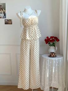 Conjunto de 2 piezas de camiseta de tirantes y pantalones con estampado de lunares, estilo casual de primavera para mujer. Conjunto de 2 piezas de lunares lindo para verano - Amarillo claro - Ver 5