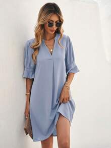 EMERY ROSE Women's Casual Vacation & Commute Solid Color Notch Neck Ruffle Sleeve Loose Dress, Summer - Baby Blue - View 3